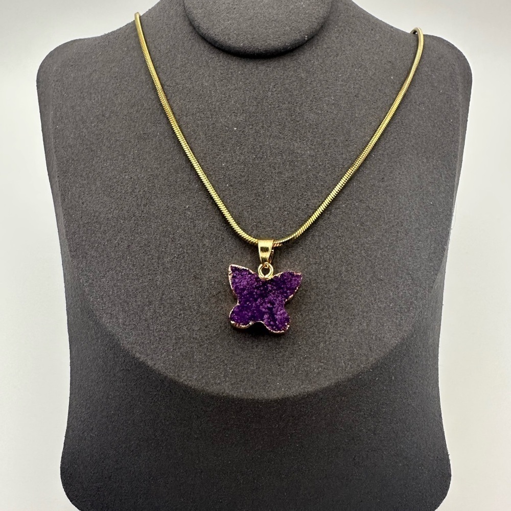 Purple Druzy Butterfly Pendant Necklace on Gold Stainless Steel Snake Chain - Picture 3 of 5
